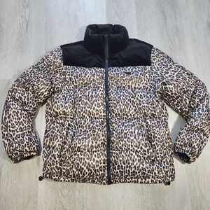 Levi's Strauss Women Sz Large Leopard Print Black Velvet Full Zip Puffer Jacket